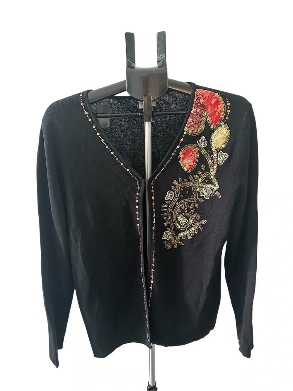 Vintage Chicos Beaded Embroidered Open Front Cardigan SZ 2 Large Romantic Boho